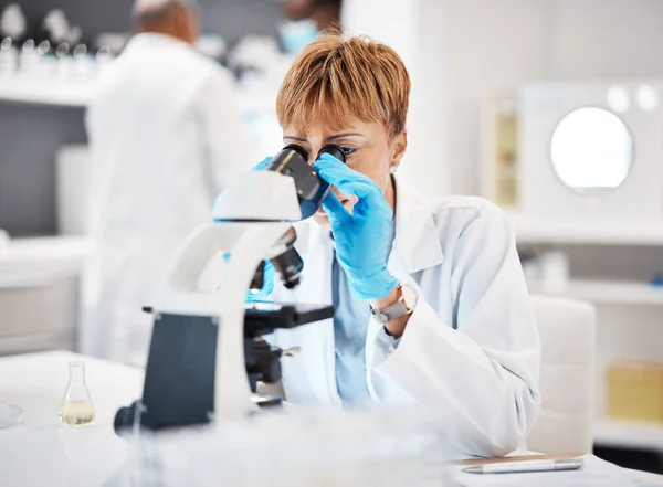 実験室で黒の女性とヘルスケア 顕微鏡や科学 医療や薬局 病理学 サンプル分析を探している専門家との研究 — ストック写真