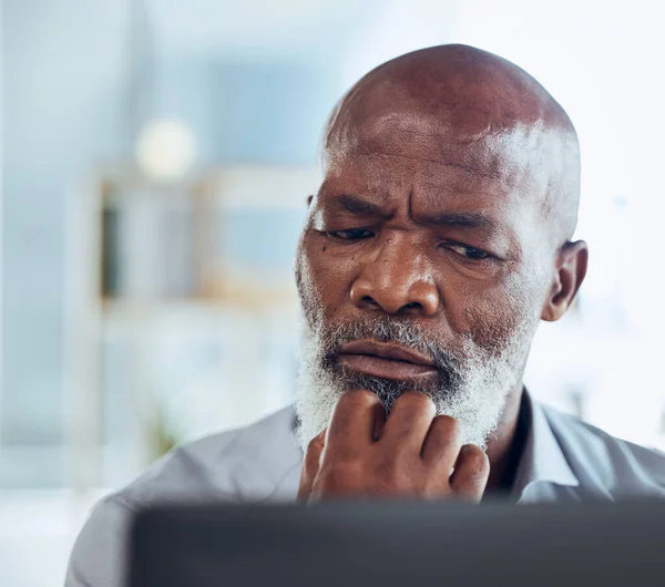 Business, confused and black man thinking, stress and deadline for project, information technology problem and glitch. African American male employee, leader and manager with serious face or research.