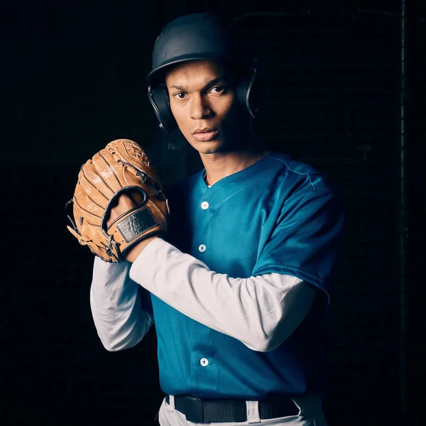 Giocatore Baseball Uomo Colore Ritratto Studio Con Focus Visione Equilibrio — Foto Stock