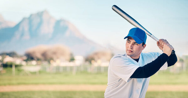 Baseball bat, athlete and field of a professional player waiting for pitch outdoor. Sport gear, fitness and sports person with a man doing exercise, training and workout for a game with mockup.
