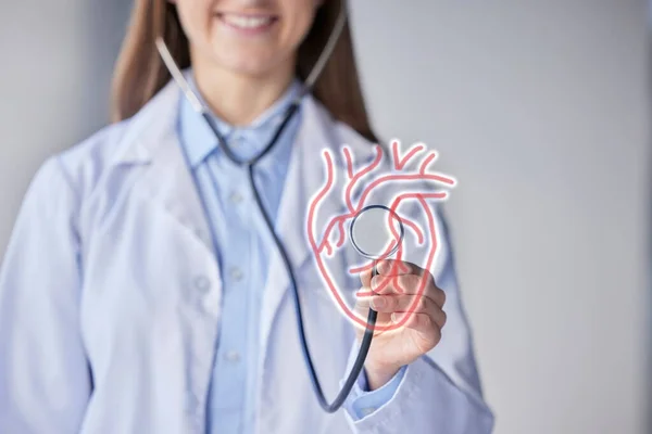 Heart diagram, stethoscope and cardiology help of a woman doctor in a hospital with a smile. Health, wellness and medical about us work of a female healthcare worker and consulting employee at clinic.