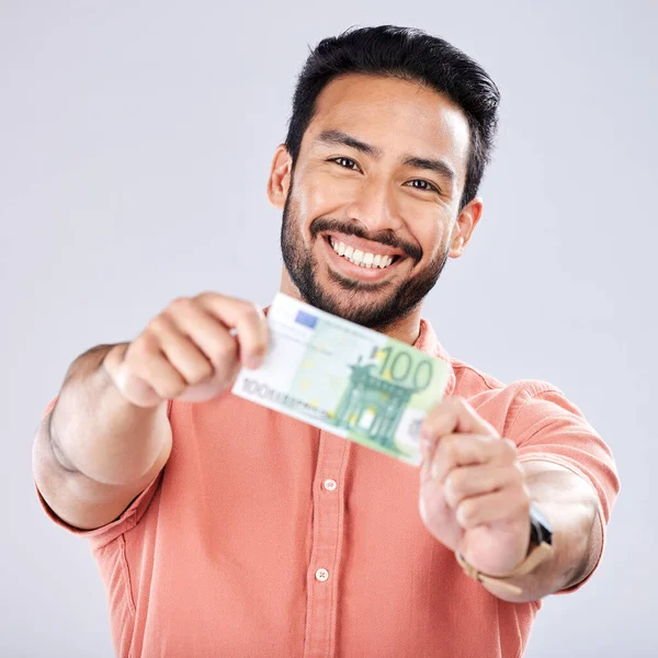 Asian Man Portrait Showing Money Isolated Background Financial Freedom Stock — Stock Photo, Image