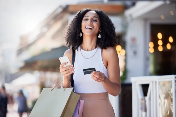 Shopping Kreditkort Och Porträtt Kvinna Med Telefon För Handel Information — Stockfoto