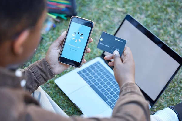 Hitelkártya Telefon Banki Alkalmazás Betöltése Egy Mobil Honlapon Fizetés Laptop — Stock Fotó