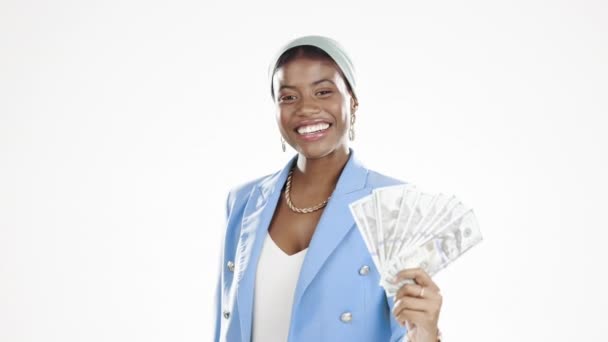 Dinero Dinero Efectivo Cara Mujer Negra Aislado Fondo Blanco Riqueza — Vídeos de Stock