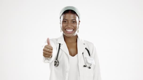 Black Woman Doctor Thumbs Studio Portrait Studio Smile Isolated White — Stock Video