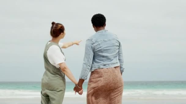 在海滩边牵着手 牵着大海 牵着几个朋友 在户外有强烈的爱心和同性恋的支持 在夏天旅行和度假的时候 大自然中年轻人的快乐 海洋约会和女性的回归 — 图库视频影像
