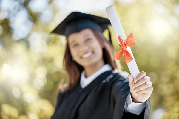Portrait Degree Woman Outdoor Graduation Knowledge Happiness Success University Face — Stock Photo, Image