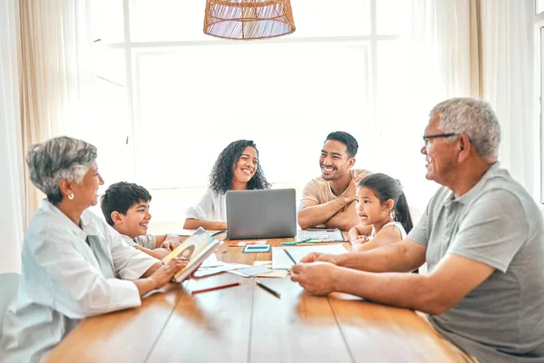 Senior, black family and learning children on home laptop, reading book or storytelling help with grandparents. Mexico people, mom and father with kids, online education and language development fun.