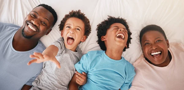 Laugh Happy Relax Black Family Bedroom Bonding Wake Morning Routine — Stock Photo, Image