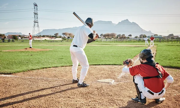 Baseball batter, game or sports man on field at competition, training match on a stadium pitch. Softball exercise, fitness workout or back view of players playing outdoors on grass field in summer.