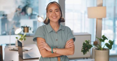 Face, business and woman arms crossed, smile and leader with confidence, advertising agency and modern office. Portrait, female employee and entrepreneur with corporate success, happy and management.
