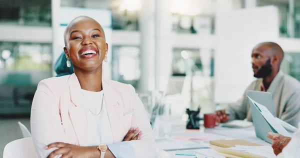 Leadership Portrait Black Woman Face Team Building Meeting Documents Planning — Stock Photo, Image