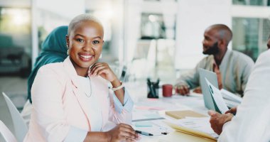 Leadership, portrait or black woman face for team building meeting for documents, planning schedule or review success. Happy, employee or manager with team for marketing company data analysis growth.