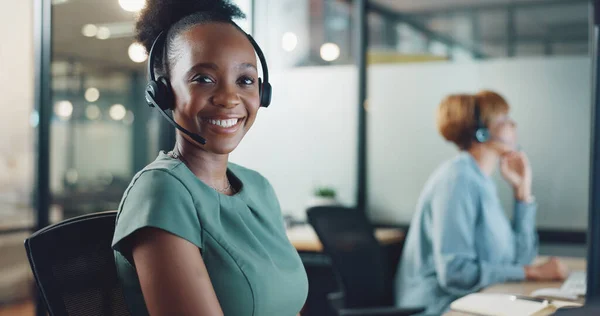 stock image Face, business and woman in call center, telemarketing and customer support in office. Portrait, female agent or consultant with headset, conversation or consulting for digital marketing, crm or help.