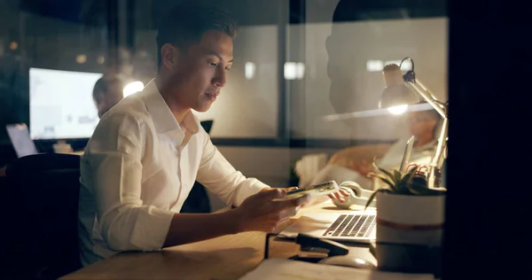 Asian Businessman Laptop Phone Night Working Marketing Advertising Office Japanese — 스톡 사진