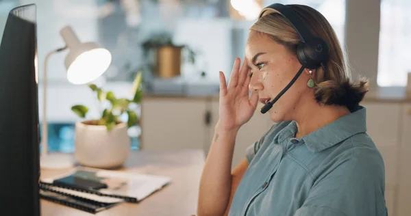 Tired, headache and call center woman tired, fatigue or depression problem in telemarketing sales career. Mental health risk, sad or depressed consultant, financial advisor or telecom agent worker.