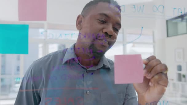 办公室橱窗里的商业 头脑风暴和黑人规划笔记 用于研究 议程或思维图 计划管理的解决方案 策略和目标设想的玻璃和写作思想 — 图库视频影像