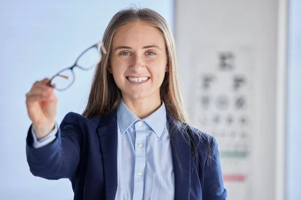 Optometrie Bril Gezondheidszorg Met Portret Van Vrouw Voor Oogzorg Visie — Stockfoto
