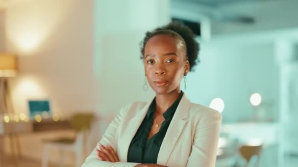 黑人妇女 商界和领导层在夜间与公司管理层交手 自信的非裔美国女性领导人或管理者为增强权能而自豪的画像 — 图库视频影像