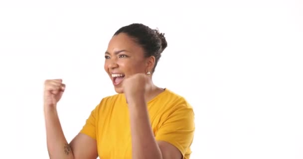 Kadın Yumruk Tokuşturma Tezahürat Başarıyla Kazanmak Mutluluk Heyecan Beyaz Arka — Stok video