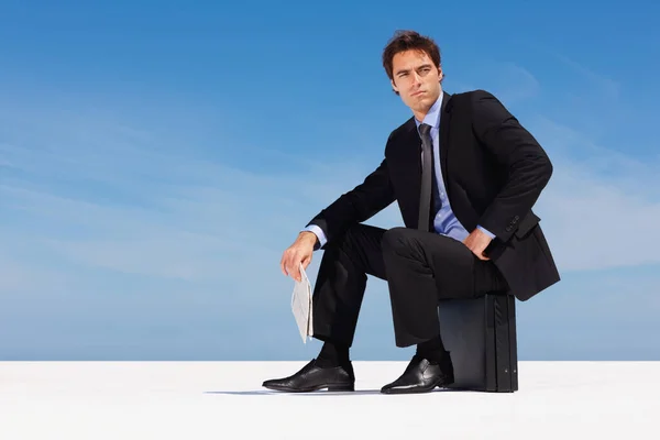 ビジネスマンは海辺に隔離されたブリーフケースに座ってる 自然の背景に彼のブリーフケースの上に隔離されたビジネスエグゼクティブ — ストック写真