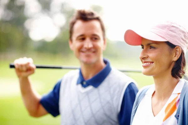 Bonito Jogador Golfe Sorrir Fechar Mulher Bonita Sorrindo Com Homem — Fotografia de Stock