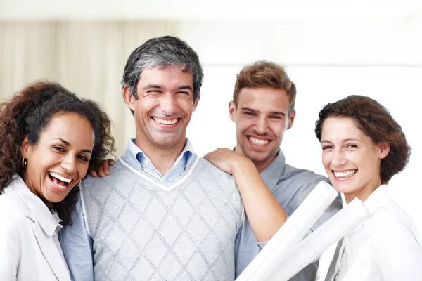 Enthusiastic Design Professionals Portrait Group Four Architects Smiling Happily Camera — Stock Photo, Image