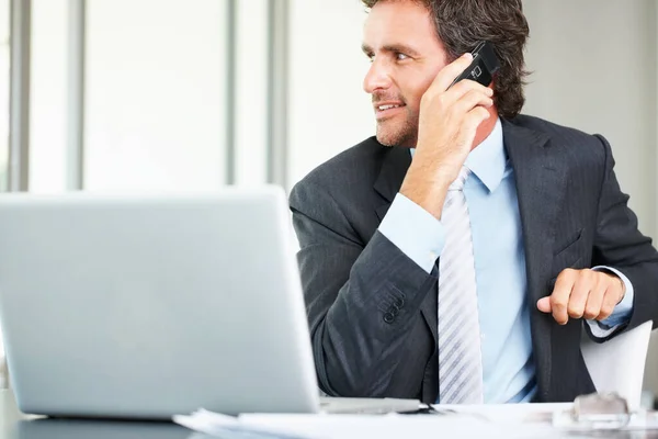Business Man Using Cell Phone Laptop Smart Middle Aged Business — Stock Photo, Image