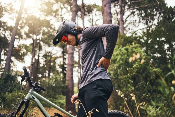 Bicycle, back pain injury and man in forest cycling for fitness, outdoor travel or sports wellness with nature lens flare. Marathon sport person training in mountain bike or motorcycle muscle injury.