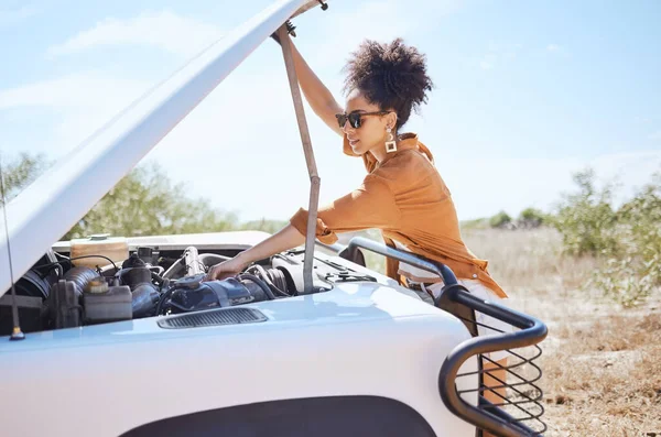 stock image Black woman car engine problem on road trip or outdoor holiday travel journey in Africa. Girl driver stop traveling, vacation and accident emergency assistance try fix or repair motor transportation.