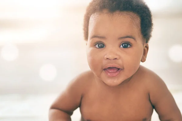 Cute Baby Black Kid Happy Portrait Bokeh Mockup Space Nursery — Stock Photo, Image