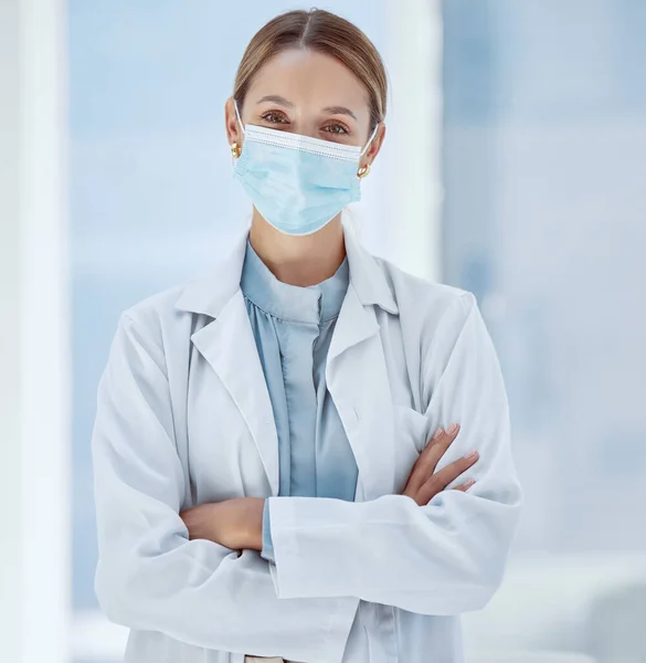 Woman, healthcare and covid face, mask rules with proud doctor working in a hospital, ready and confident. Health care professional leader work during pandemic, focused on helping sick people.