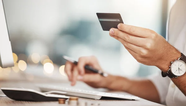 Karta Kredytowa Płatności Online Finanse Człowieka Ręce Biznesie Wpisując Informacje — Zdjęcie stockowe