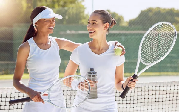 Sport, tennis support and women to start training, exercise and workout with a happy smile. Fitness, health and cardio sports with motivation and happiness of athlete people on outdoor match court.