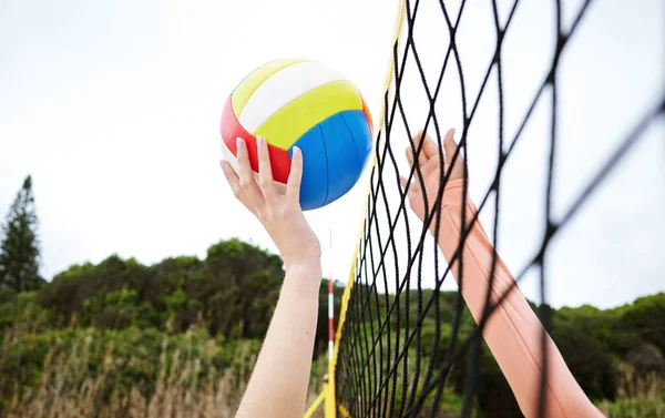 Hände Fitness Und Beachnetz Volleyball Mit Frauen Die Tore Wettkampf — Stockfoto