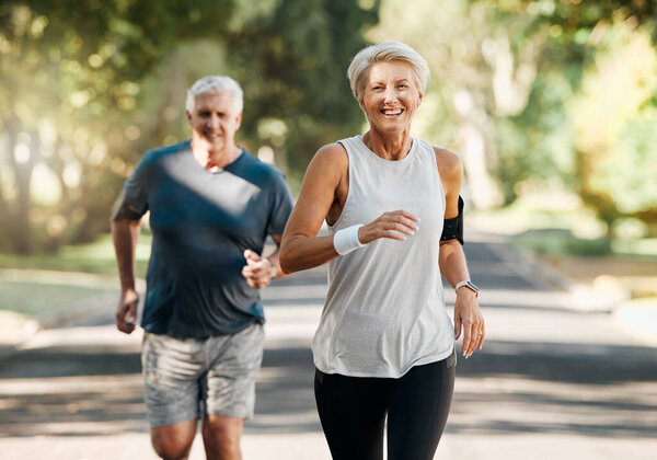 Retirement, couple and running fitness health for body and heart wellness with natural ageing. Married, mature and senior people enjoy nature run together for cardiovascular vitality workout