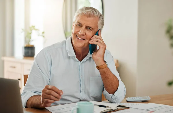 Happy elderly man with phone call, laptop or communication for home budget, consulting financial advisor or planning savings in living room. Investment or insurance with mobile or smartphone admin.