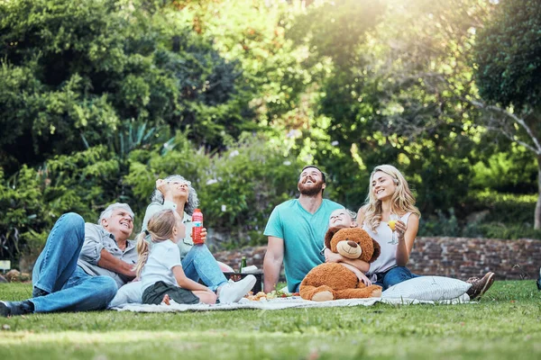 緑の庭の泡が吹いて一緒に屋外ピクニックで幸せ 自然と大きな家族 高齢者の祖父母や両親がリラックスし 外の公園で子供たちと絆と遊び — ストック写真