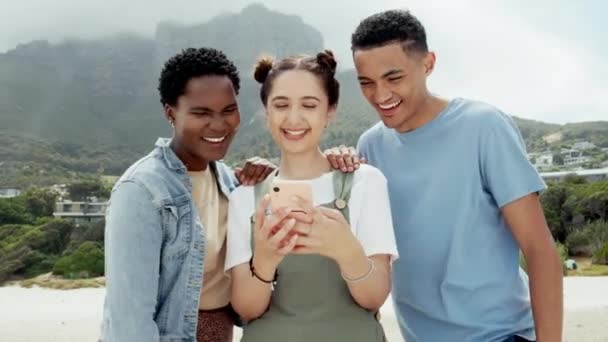 Diversiteit Vrienden Outdoor Smartphone Met Geluk Zomer Kwaliteit Tijd Voor — Stockvideo