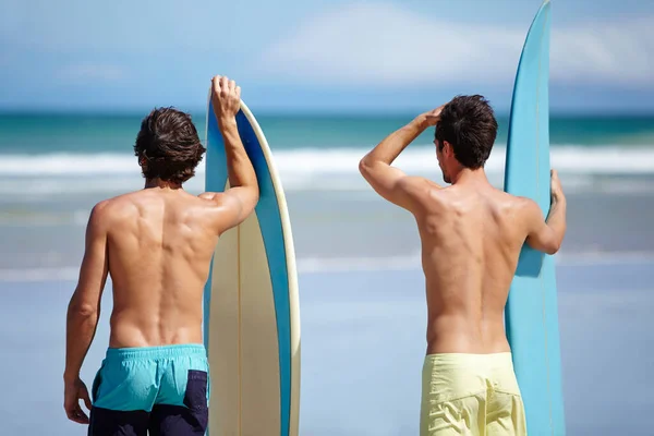 Controllo Onde Due Amici Spiaggia Preparano Andare Acqua Fare Surf — Foto Stock