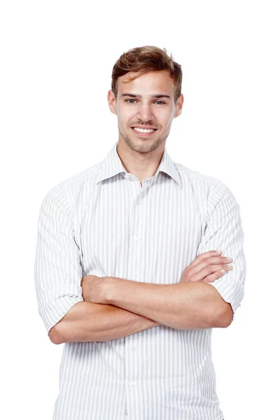 Confident Charming Studio Portrait Young Man Standing His Arms Crossed — Stock Photo, Image