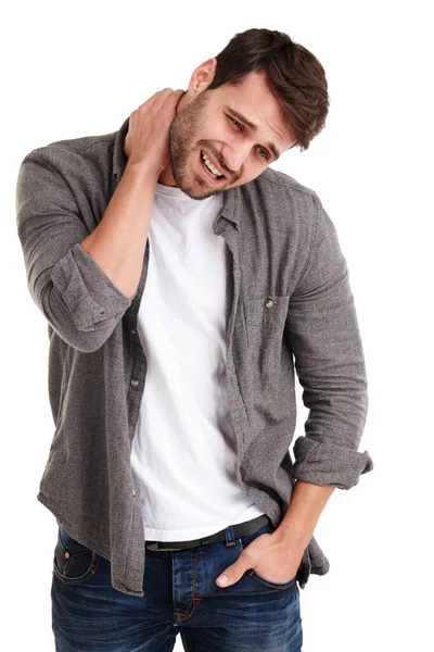 Стрес Може Бути Болем Шиї Студійний Знімок Молодого Чоловіка Посміхається — стокове фото