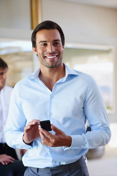 Having Great Day Office Handsome Businessman Standing His Mobile Phone — Stock Photo, Image