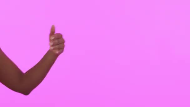 Mockup Palm Woman Studio Advertising Pink Backdrop Closeup Hands Showing — Stock Video