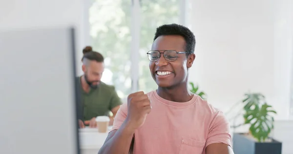 Computer, celebration and excited black man happy for ERP software, cyber security system or coding success. Information technology, ai developer or programmer cheer for code programming achievement.