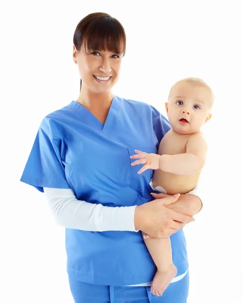 Portret Verpleegster Vrouw Met Baby Studio Geïsoleerd Een Witte Achtergrond — Stockfoto