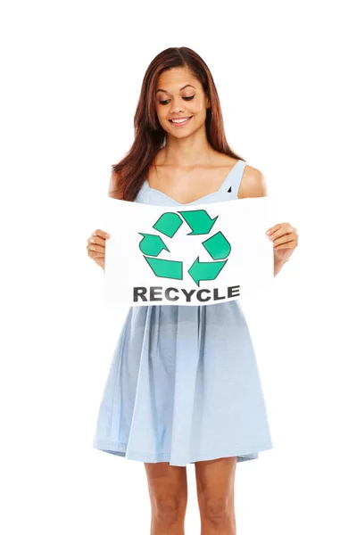 Mantener Ojo Que Importante Reciclaje Mujer Joven Sonriendo Sosteniendo Cartel — Foto de Stock