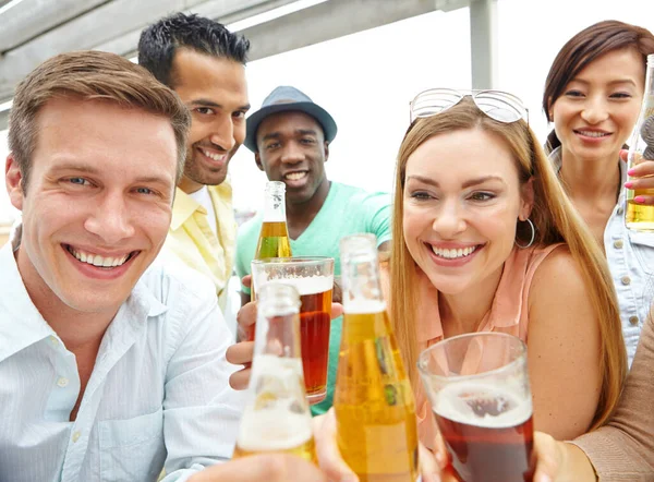 Cheers Friendship Portrait Young Group Friends Clinking Drinks Together Restaurant — Stock Photo, Image