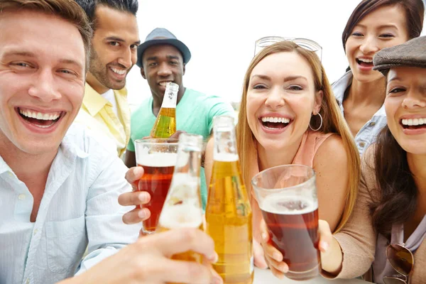 Cheers Our Successes Portrait Young Group Friends Clinking Drinks Together — Stock Photo, Image
